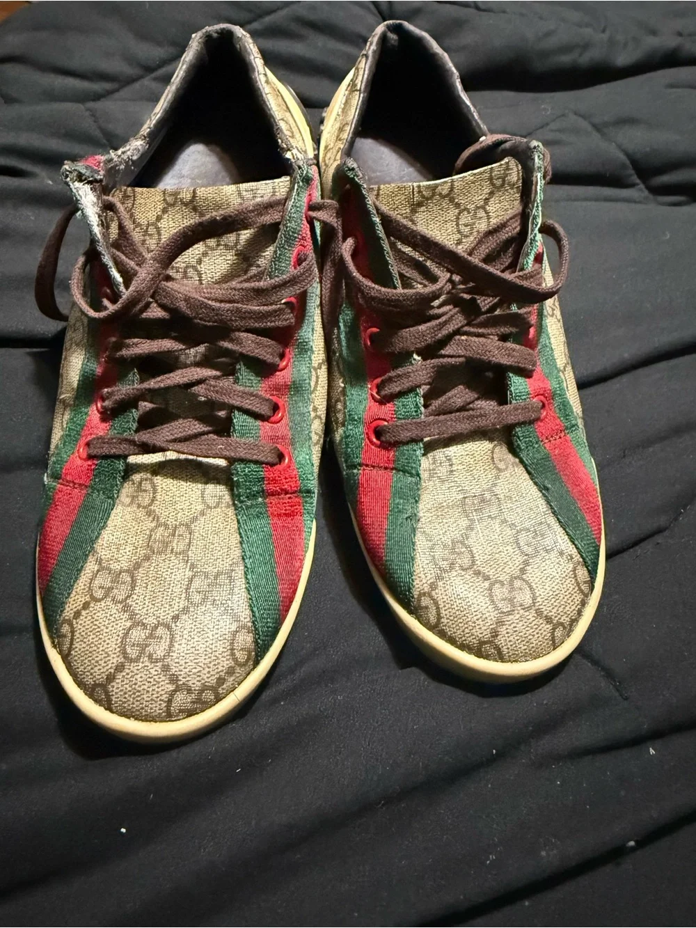 Gucci Brown GG Canvas Sneakers with Red & Green Web